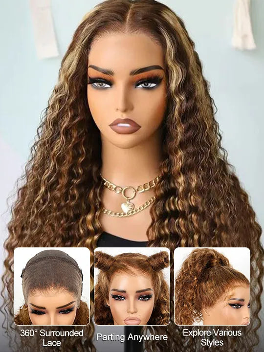 Kisslove Upgraded Invisi-Drawstring 360 Lace Wig Deep Wave Brown Highlights Human Hair Wigs