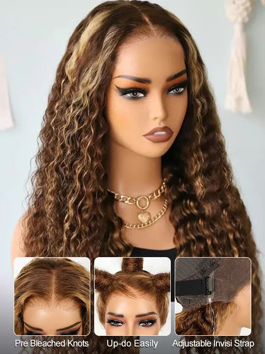 Kisslove Upgraded Invisi-Drawstring 360 Lace Wig Deep Wave Brown Highlights Human Hair Wigs