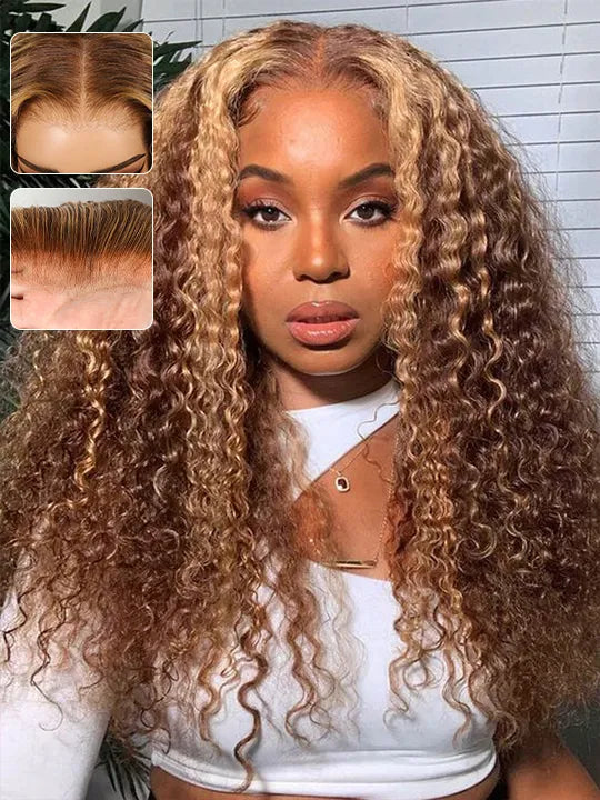 Kisslove Upgraded Invisi-Drawstring 360 Lace Wig Deep Wave Brown Highlights Human Hair Wigs
