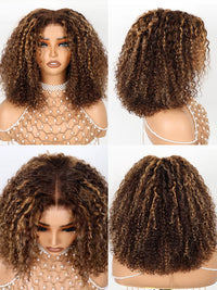 Honey Blonde Highlights Kinky Curly Short Bob Wig Glueless Lace Closure Bob Wigs
