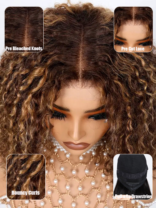 Honey Blonde Highlights Kinky Curly Short Bob Wig Glueless Lace Closure Bob Wigs