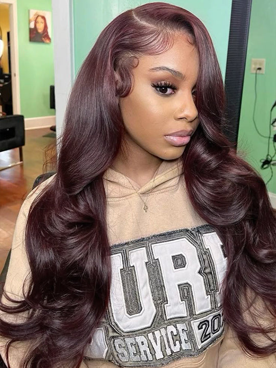 Burgundy Hair Color 3D Body Wave 13x4 Lace Frontal Wig Black Cherry Dark Burgundy Human Hair Wigs