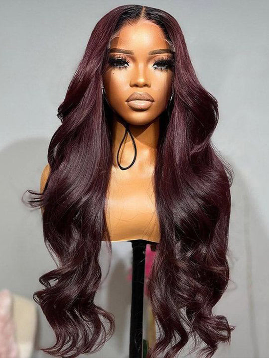 Burgundy Hair Color 3D Body Wave 13x4 Lace Frontal Wig Black Cherry Dark Burgundy Human Hair Wigs
