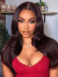 Kisslove Glueless Invisi-Drawstring 360 Lace Wig Dark Plum Color Curtain Bangs & Layered Body Wave Wig