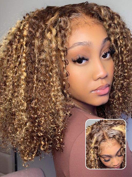 Honey Blonde Highlights Kinky Curly Short Bob Wig Glueless Lace Closure Bob Wigs