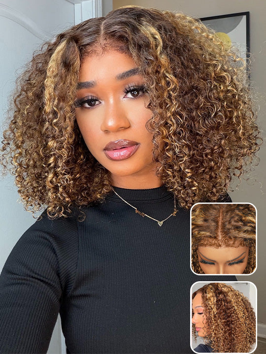 Honey Blonde Highlights Kinky Curly Short Bob Wig Glueless Lace Closure Bob Wigs