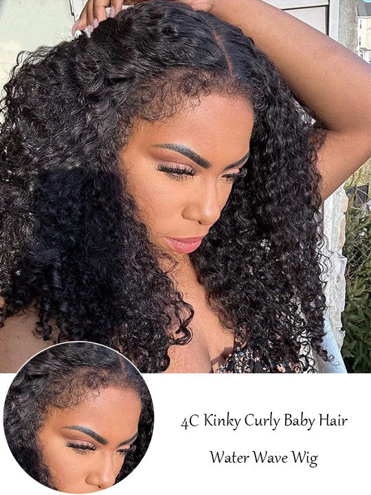 Kisslove [4C Wig] Pre Everything Snug Fit 360 Lace Frontal Wig Water Wave With Kinky Curly Edge Invisi Drawstring Wig