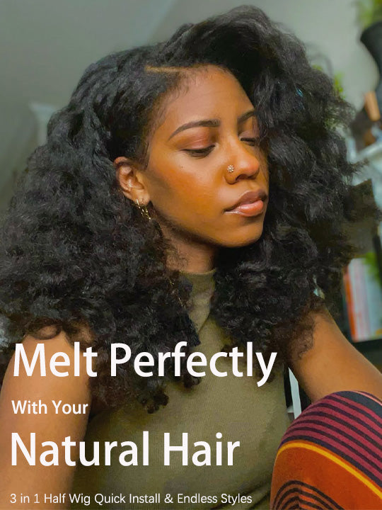 [3 In 1 Half Wig] Kinky Edge Kinky Straight Hair Beginner Friendly Glueless Drawstring Cap Half Wig
