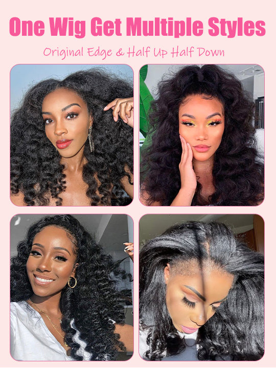 [3 In 1 Half Wig] Kinky Edge Kinky Straight Hair Beginner Friendly Glueless Drawstring Cap Half Wig