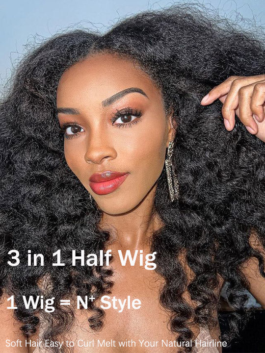 [3 In 1 Half Wig] Kinky Edge Kinky Straight Hair Beginner Friendly Glueless Drawstring Cap Half Wig