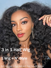 [3 In 1 Half Wig] Kinky Edge Kinky Straight Hair Beginner Friendly Glueless Drawstring Cap Half Wig