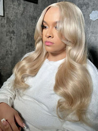 Ash Blonde Hair With Curtain Bangs Wig Glueless 5x5 Lace Front Wigs 3D Body Wave