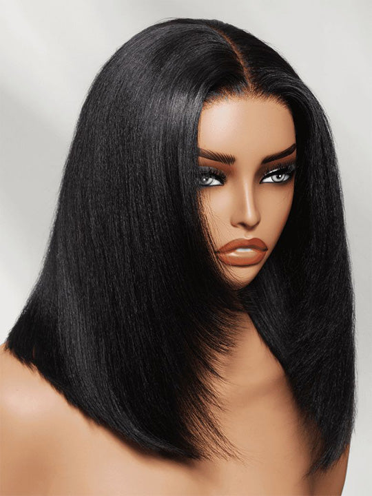 Kisslove Hair 300% Density 7x5 Bye Bye Knots Layered Yaki Straight Short Bob Wig Invisi Drawstring Glueless Bob Wigs
