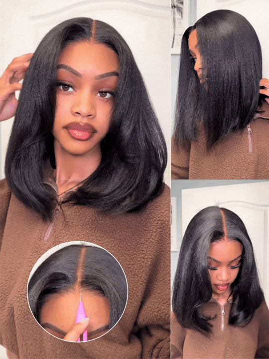 Kisslove Hair 300% Density 7x5 Bye Bye Knots Layered Yaki Straight Short Bob Wig Invisi Drawstring Glueless Bob Wigs