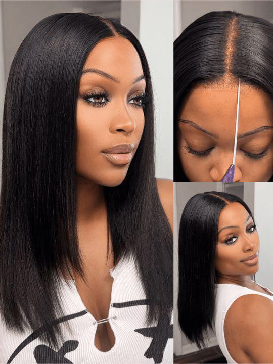 Kisslove Hair 300% Density 7x5 Bye Bye Knots Layered Yaki Straight Short Bob Wig Invisi Drawstring Glueless Bob Wigs