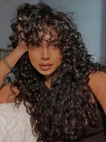 Bouncy Natural Wave Wig with Bangs Glueless 3x1 Lace Pull & Go Drawstring Wig