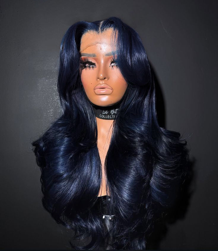 Flawless Midnight Blue 3D Body Wave Lace Frontal Wig Pre Plucked Pull & Go Drawstring Glueless Wig