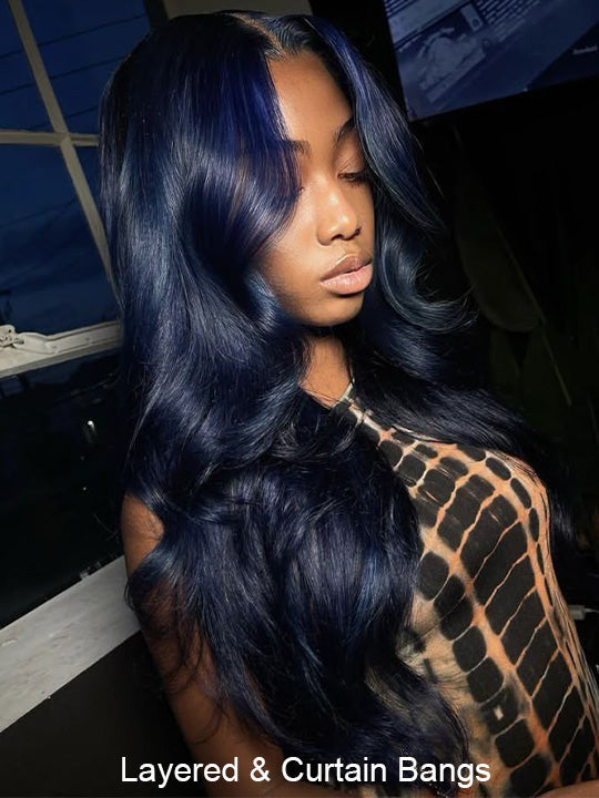 Flawless Midnight Blue 3D Body Wave Lace Frontal Wig Pre Plucked Pull & Go Drawstring Glueless Wig