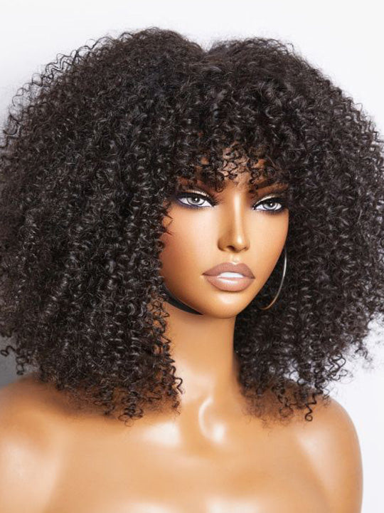 Bouncy Natural Wave Wig with Bangs Glueless 3x1 Lace Pull & Go Drawstring Wig