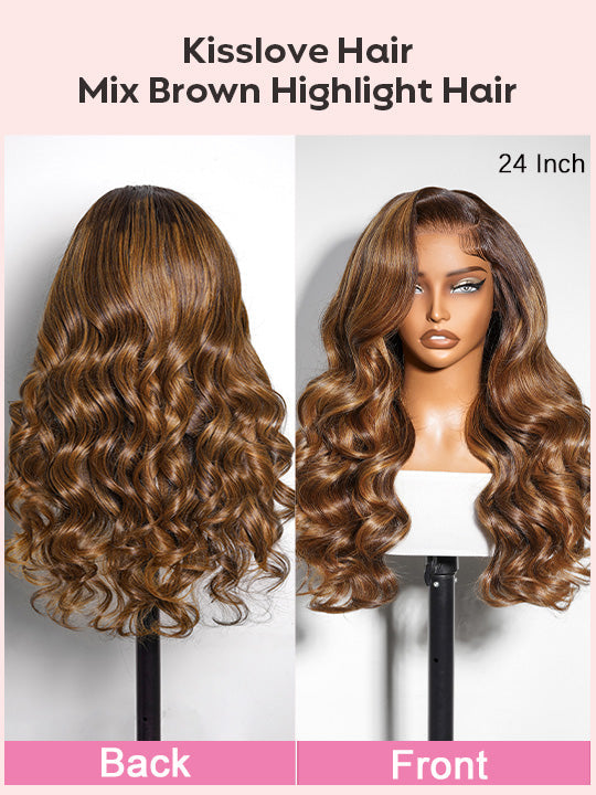 Kisslove Hair Honey Blonde with Chestnut Brown Highlights Ombre Color 6x4.5 Lace Glueless Body Wave Wig With Baby Hair