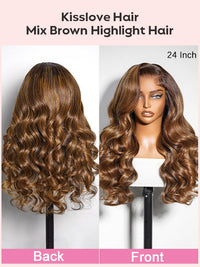 Kisslove Hair Honey Blonde with Chestnut Brown Highlights Ombre Color 6x4.5 Lace Glueless Body Wave Wig With Baby Hair