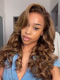 Kisslove Hair Honey Blonde with Chestnut Brown Highlights Ombre Color 6x4.5 Lace Glueless Body Wave Wig With Baby Hair
