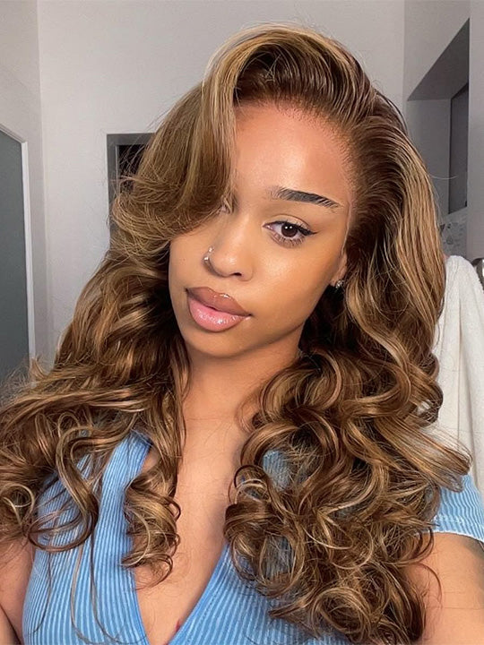 Kisslove Hair Honey Blonde with Chestnut Brown Highlights Ombre Color 6x4.5 Lace Glueless Body Wave Wig With Baby Hair