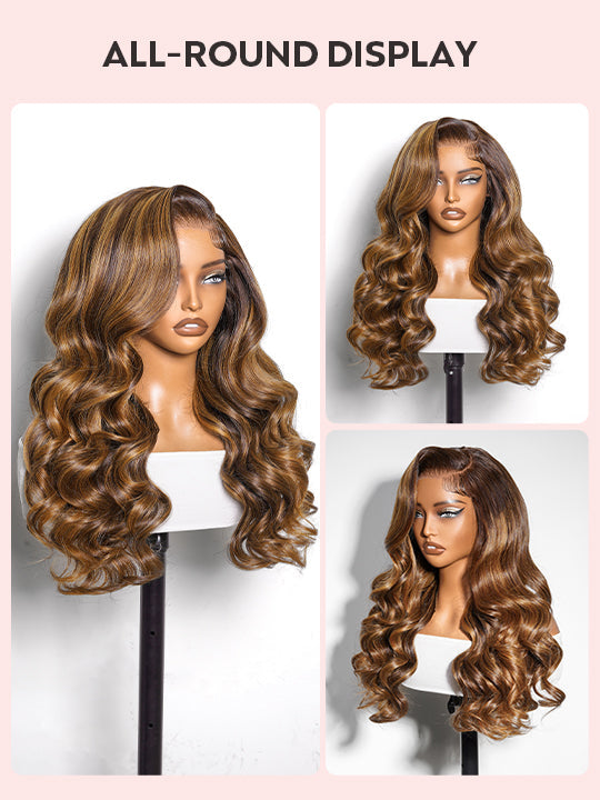Kisslove Hair Honey Blonde with Chestnut Brown Highlights Ombre Color 6x4.5 Lace Glueless Body Wave Wig With Baby Hair