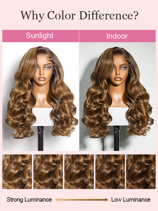 Kisslove Hair Honey Blonde with Chestnut Brown Highlights Ombre Color 6x4.5 Lace Glueless Body Wave Wig With Baby Hair