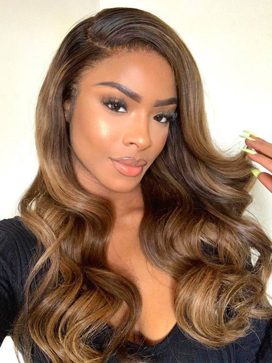 Kisslove Hair Honey Blonde with Chestnut Brown Highlights Ombre Color 6x4.5 Lace Glueless Body Wave Wig With Baby Hair