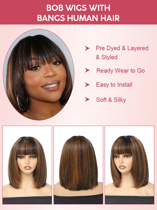 #FB30 Mix Brown Highlights Short Bob Wig Yaki Straight Hair Pre Layered Put On and Go Wig with Bangs