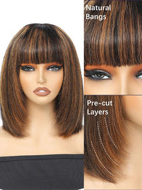 #FB30 Mix Brown Highlights Short Bob Wig Yaki Straight Hair Pre Layered Put On and Go Wig with Bangs