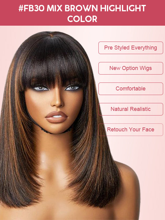 #FB30 Mix Brown Highlights Short Bob Wig Yaki Straight Hair Pre Layered Put On and Go Wig with Bangs