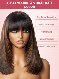 #FB30 Mix Brown Highlights Short Bob Wig Yaki Straight Hair Pre Layered Put On and Go Wig with Bangs