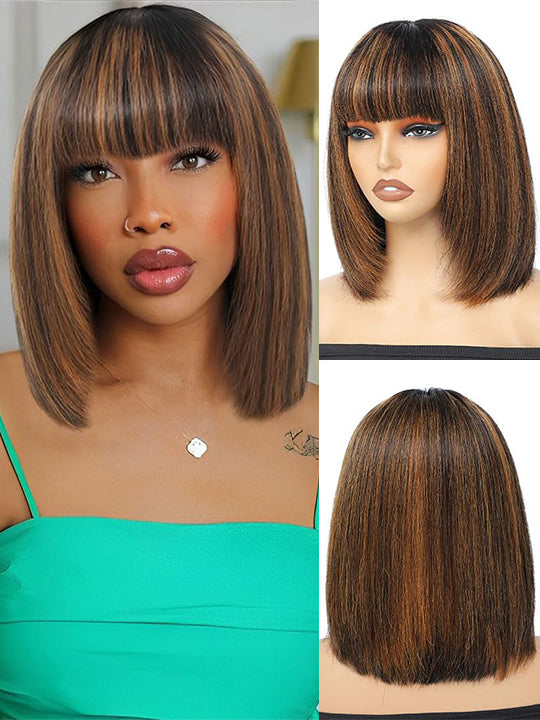 #FB30 Mix Brown Highlights Short Bob Wig Yaki Straight Hair Pre Layered Put On and Go Wig with Bangs