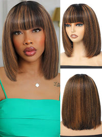 #FB30 Mix Brown Highlights Short Bob Wig Yaki Straight Hair Pre Layered Put On and Go Wig with Bangs