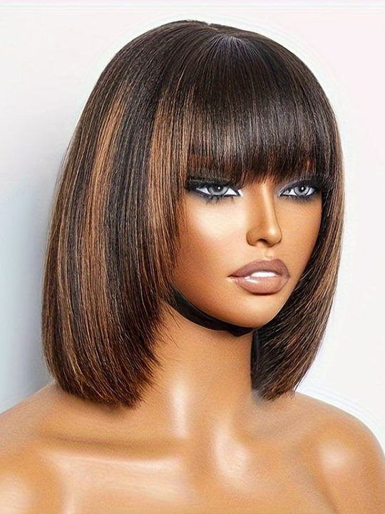 #FB30 Mix Brown Highlights Short Bob Wig Yaki Straight Hair Pre Layered Put On and Go Wig with Bangs