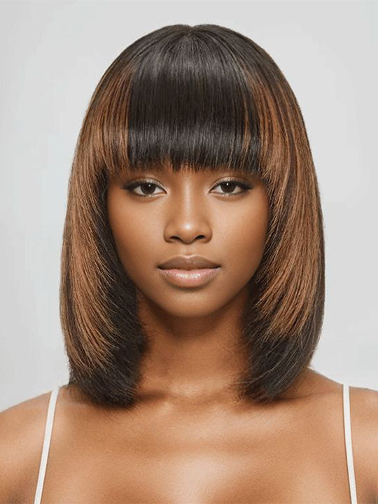#FB30 Mix Brown Highlights Short Bob Wig Yaki Straight Hair Pre Layered Put On and Go Wig with Bangs