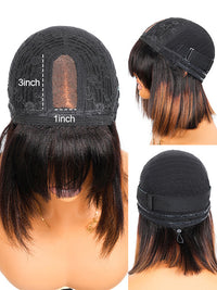 #FB30 Mix Brown Highlights Short Bob Wig Yaki Straight Hair Pre Layered Put On and Go Wig with Bangs