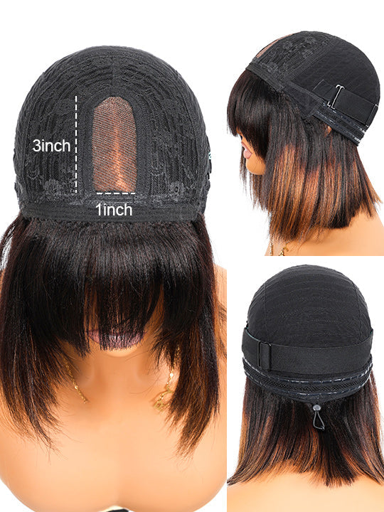 #FB30 Mix Brown Highlights Short Bob Wig Yaki Straight Hair Pre Layered Put On and Go Wig with Bangs