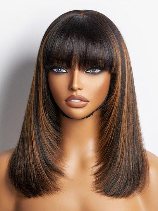 #FB30 Mix Brown Highlights Short Bob Wig Yaki Straight Hair Pre Layered Put On and Go Wig with Bangs