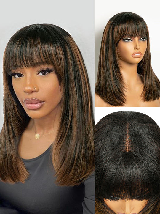 #FB30 Mix Brown Highlights Short Bob Wig Yaki Straight Hair Pre Layered Put On and Go Wig with Bangs
