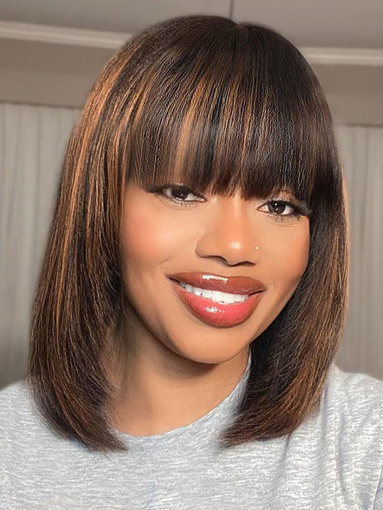 #FB30 Mix Brown Highlights Short Bob Wig Yaki Straight Hair Pre Layered Put On and Go Wig with Bangs