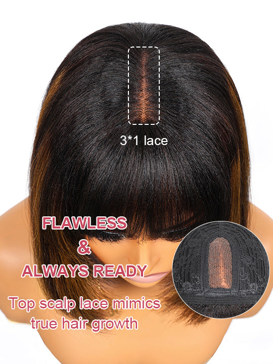 #FB30 Mix Brown Highlights Short Bob Wig Yaki Straight Hair Pre Layered Put On and Go Wig with Bangs
