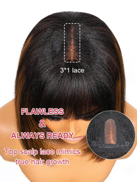#FB30 Mix Brown Highlights Short Bob Wig Yaki Straight Hair Pre Layered Put On and Go Wig with Bangs