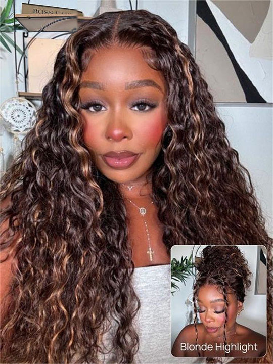Kisslove Black Hair With Brown Highlights Water Wave Wig Pre Everything Invisi Drawstring 360 Lace Frontal Wig