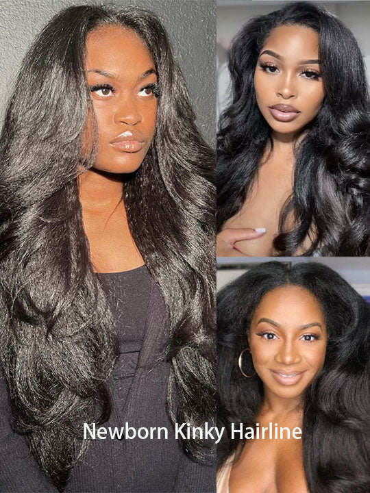 Kisslove Pre Plucked Yaki Body Wave Wig Snug Fit Invisi-Drawstring 360 Lace Wig with Newborn Hairline