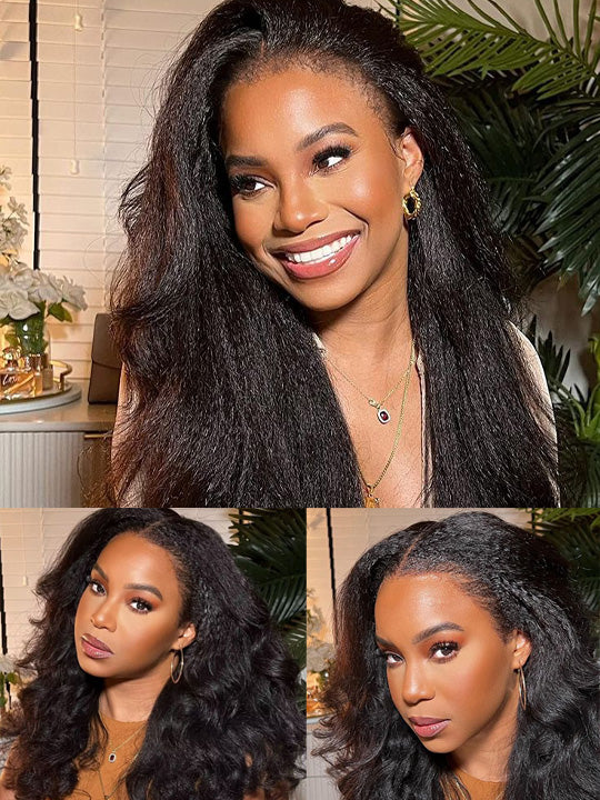 Kisslove Pre Plucked Yaki Body Wave Wig Snug Fit Invisi-Drawstring 360 Lace Wig with Newborn Hairline
