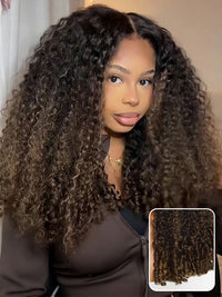 Ombre Black to Chestnut Brown Burmese Curly With Finger Coil Ends Wig Pull Go Invisi Drawstring Wig