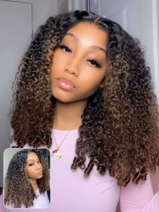 Ombre Black to Chestnut Brown Burmese Curly With Finger Coil Ends Wig Pull Go Invisi Drawstring Wig